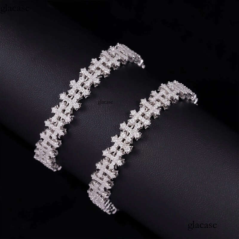 New Design Sterling Sier Gold Plated Link Bracelets Iced Out Vvs Moissanite Full Dia Cross Chain Bracelet