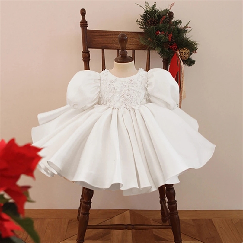 Summer Flower Baby Girl Dresses For Kids Wedding White Bow 1st Birthday Party Princess DresseGirls Puff Sleeve Baptism Clothing 250107