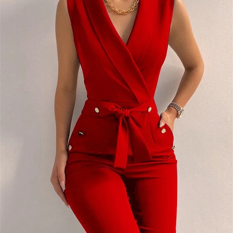 Women Casual V Neck Jumpsuits Button Lace Up Sleeveless Wide Leg Pants Streetwear Overalls Jumpsuit Women 240703