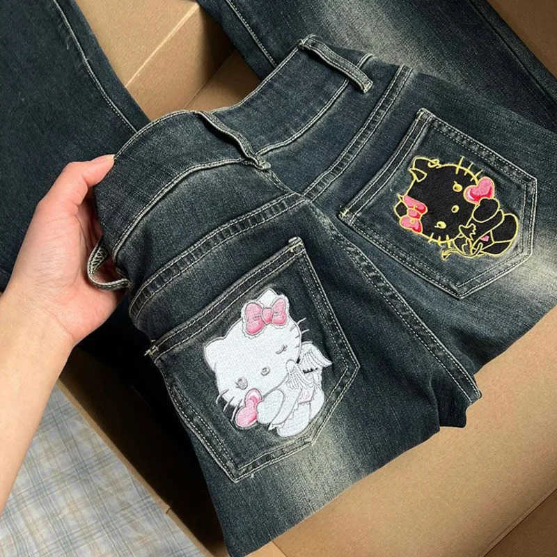 Sanrio American Style Angels Demons Hello Kitty Embroidery Jeans for Women New Autumn Streetwear Girl Trendy Flared Long Denim Pants L250925