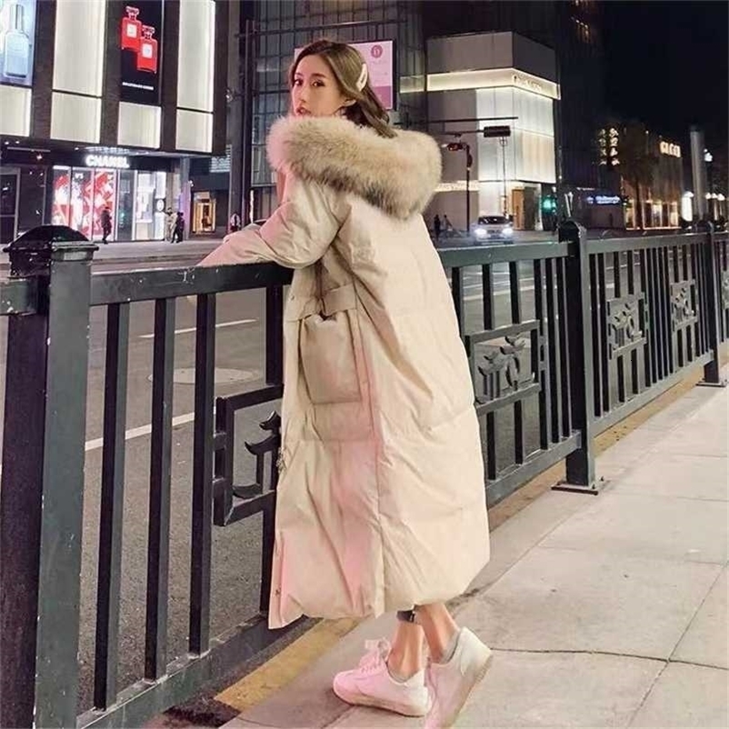 Style Down Padded Jacket Women's Mid-length Over The Knee Korean Loose Thick Fur Collar Coat Winter Clothes Women 211011