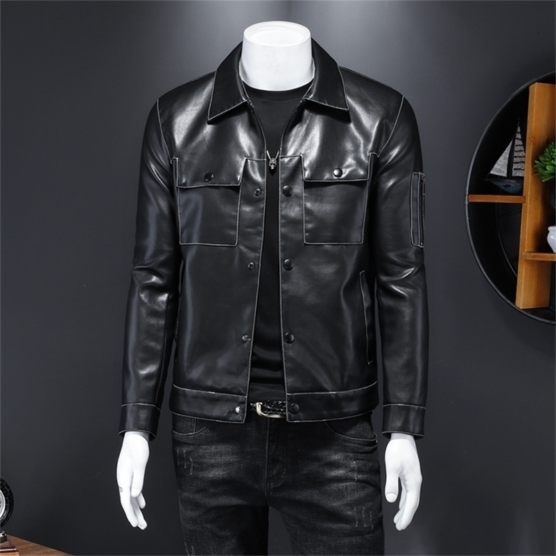 Men's Leather Faux Spring and Autumn Casual Slim Jacket Long Sleeve Lapel Soft Large Pocket 220913