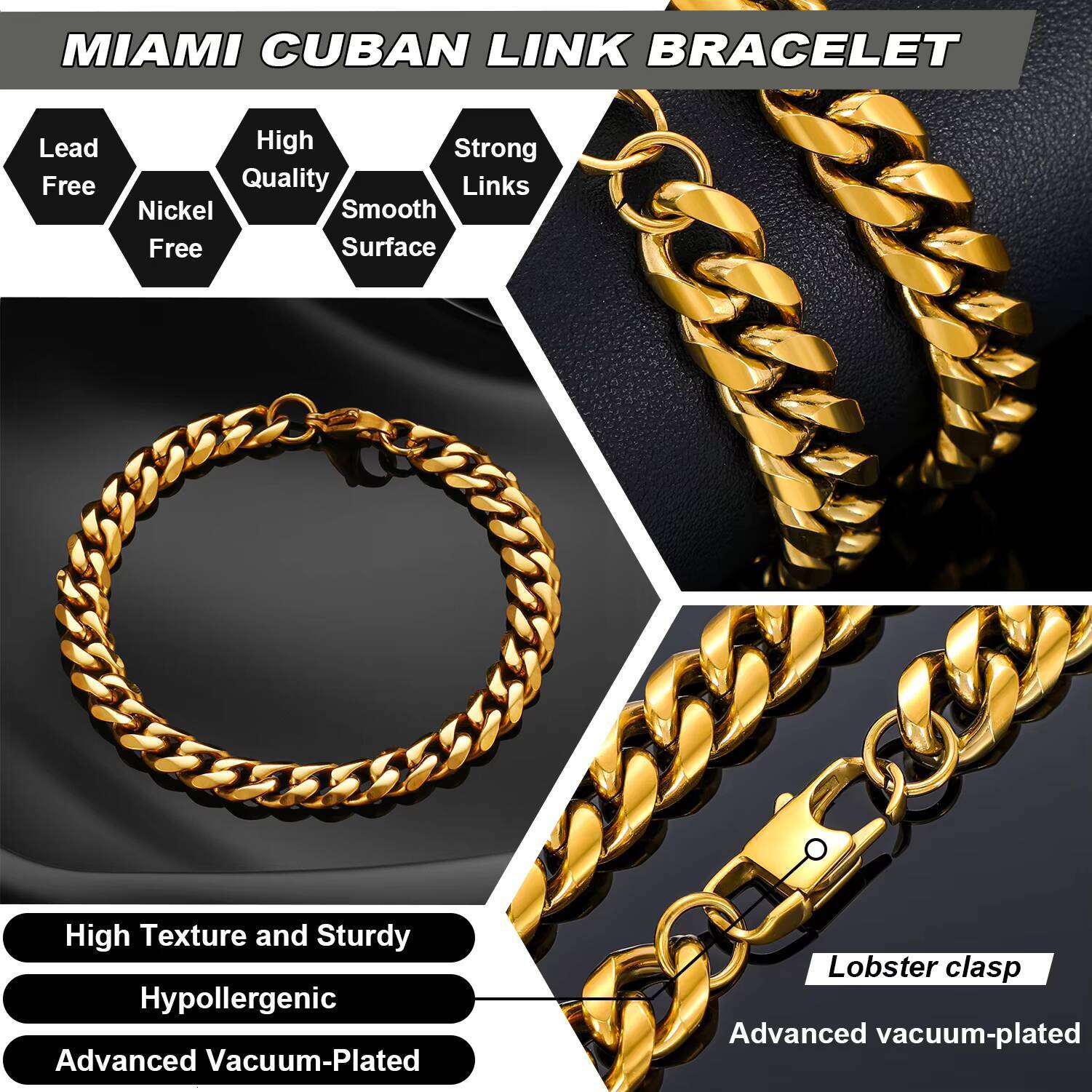 New Arrival Hip Hop Jewelry Luxury 3mm11mm Gold Plated Sterling SilverLobster Clasp Miami Cuban Link Chain Bracelet for Men