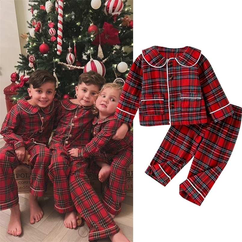 2025 Kids Girls Christmas Pajamas Sets Red Plaid Long Sleeve Turn Down Collar Shirts Tops with Elastic Waist Pants Sleepwear 241120