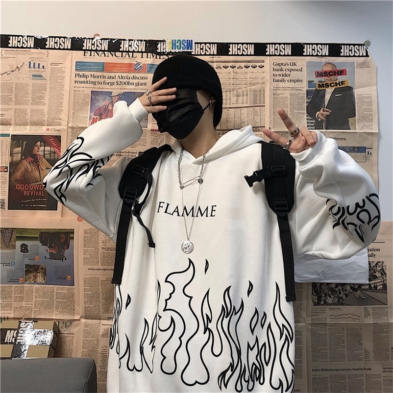 Men's Hoodies Sweatshirts Men Flamme Print Hoodies Unisex Autumn Gothic Casual Oversized Hooded Sweatshirt Hip-Hop Harajuku Loose Sports Pullover