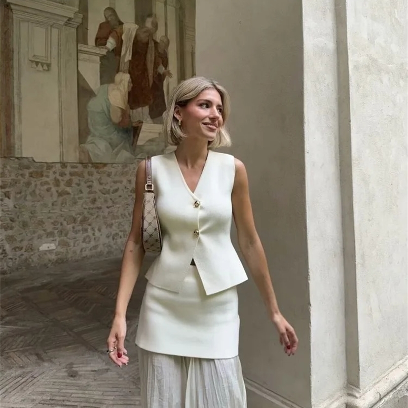 TRAF Women Knitted Sets Loose Skirt Set 2 Pieces Summer Button V-neck Vest Top Ankle-Length Skirt Lady Street Outfit 250109