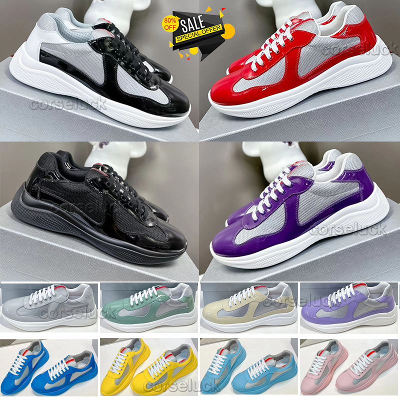 Designer Shoes Mens Sneakers Americas Cup Low Leather Patent Leather Lace Up Black Green Yellow Fashion Round Toe Sport Casual Shoe Running Shoes