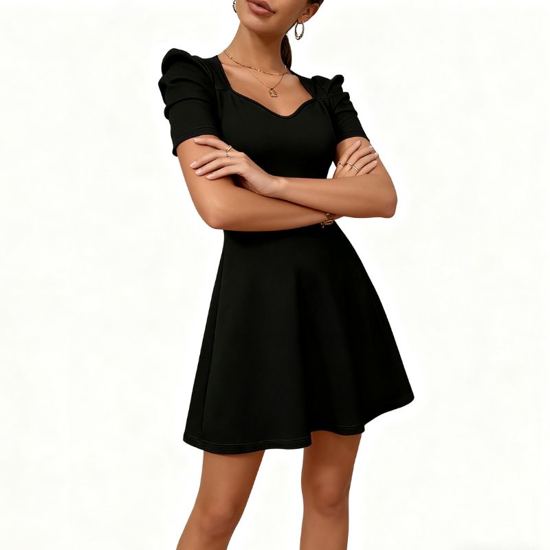 Women's Elegant Milk Silk Short Dress, Black Puff - Sleeve Waist - Cinched Dress for Party & Date-sz25144