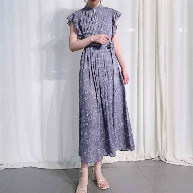 Summer Pleated Drawstring High Waist Dresses Elegant Stand Collar Flying Sleeve Woman Dress Chic Print Slim Vestidos 210524
