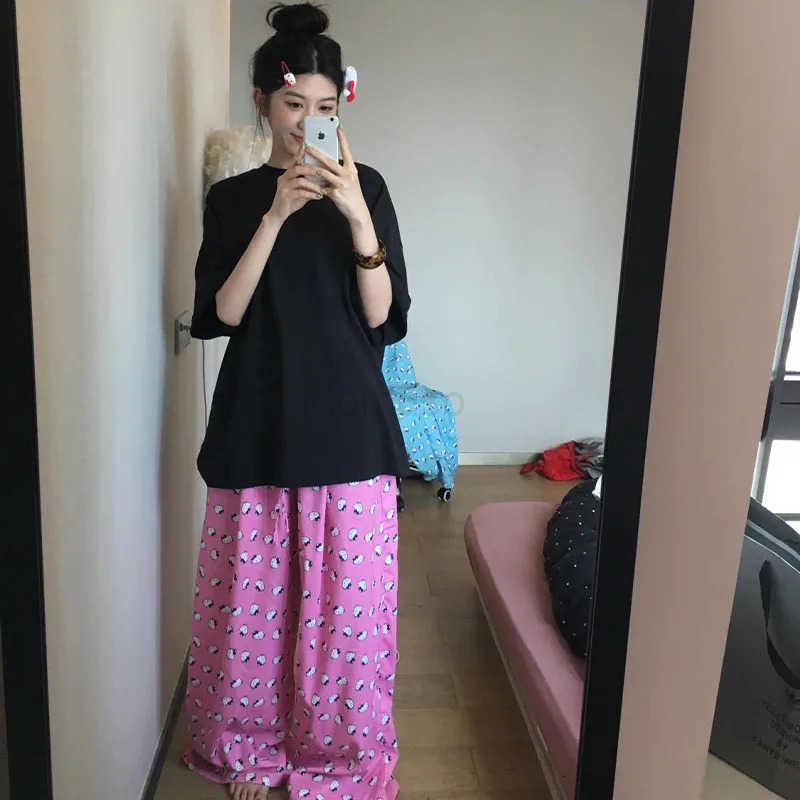 Sanrio Sanrios Hello Kittys Pajamas Pants Girls Cartoon Kt Cat Printing Wide Leg Floor Pants Summer Home Trousers Leisure Straight Pant L250925
