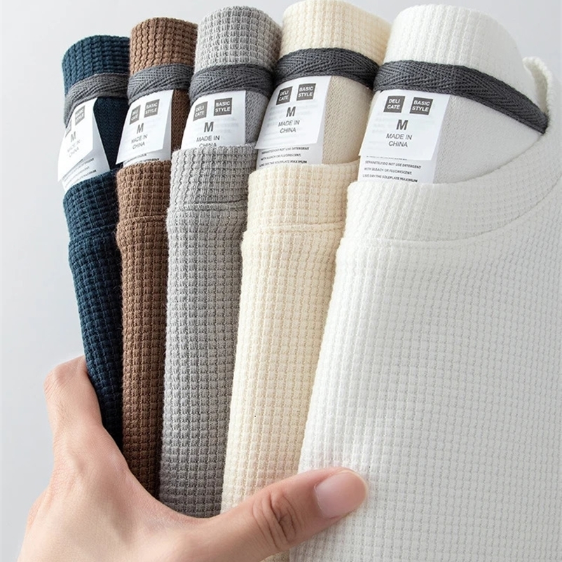 260G Mens Autumn Heavyweight Premium Waffle Basic T-shirt Long Sleeve Simple Solid Color Delicate White Tees Casual Daily Tops 240530