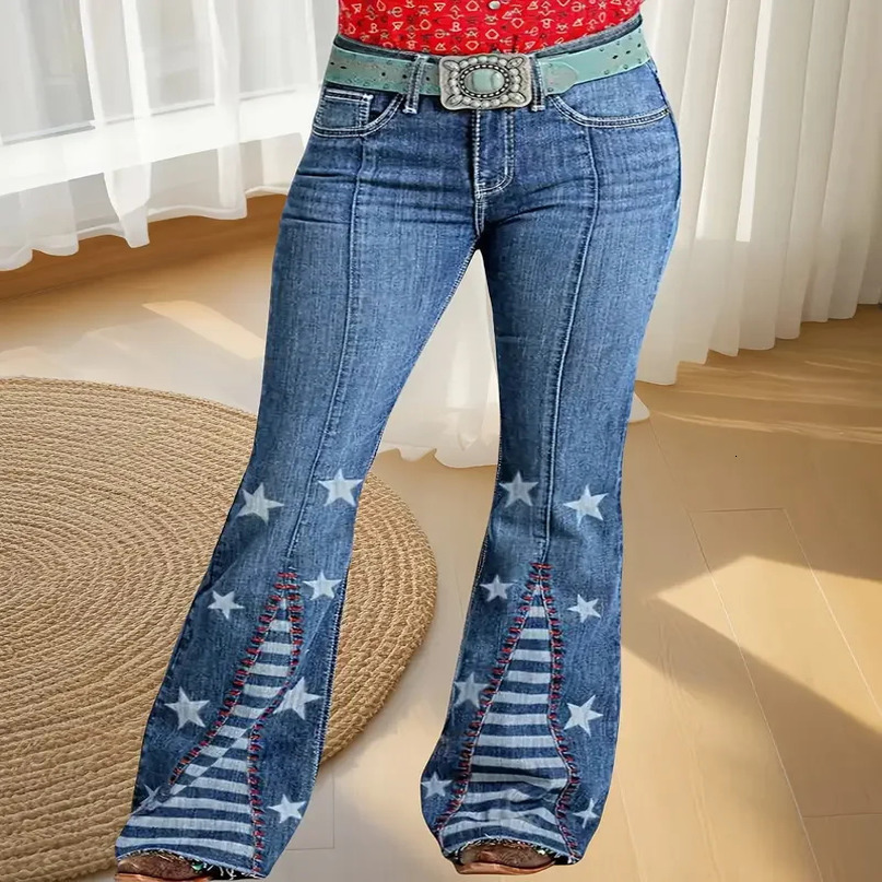 Huangs Cruel Ladies Hannah Sim Flare Denim Jeans Laser Printed Stars Raw Hem Western Womens Comfortable Stretchy Pants T05 250311