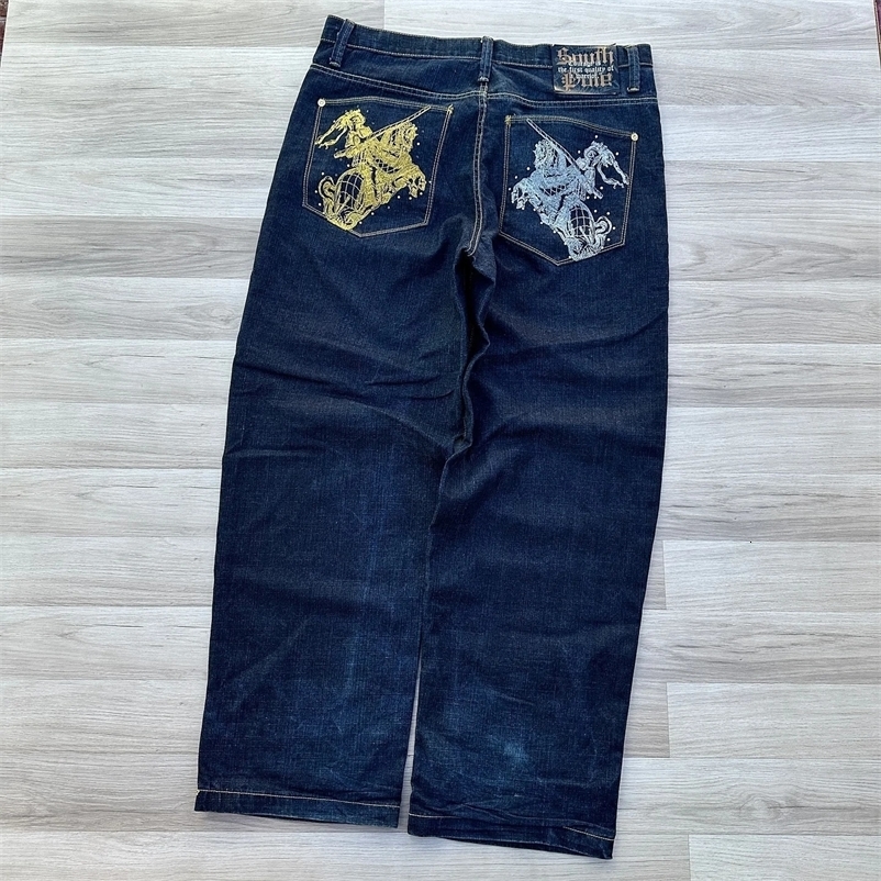 American Fashion Pattern Embroidery Straight Jeans Women Y2K Harajuku Casual Loose Joker Wide-leg Pants Couple Punk Jeans 240717