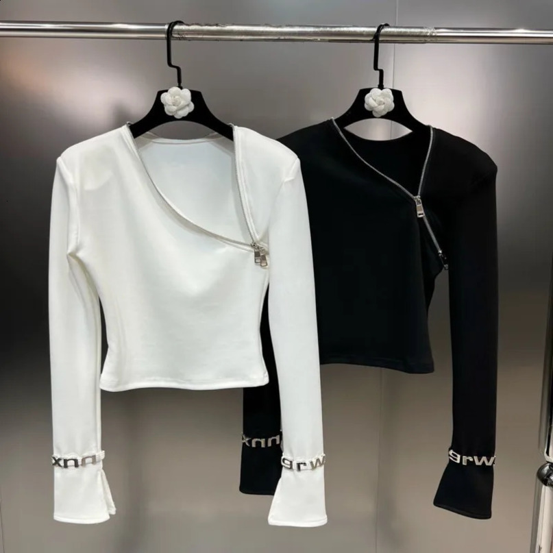 PREPOMP Autumn Arrival Long Sleeve Zipper Vneck Letter Bandage Tshirt for Women GG815 240810