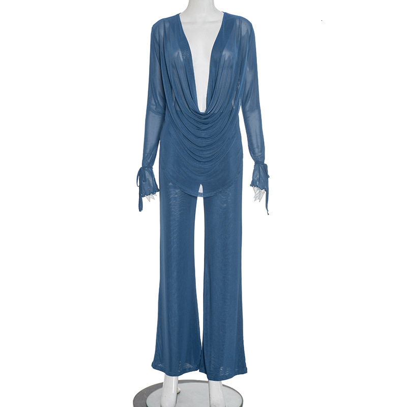 2023 J25ST273 Women's Fashion Sexy Mesh Swing Collar Tie Sleeve Top Slim Fit Long Pants Set