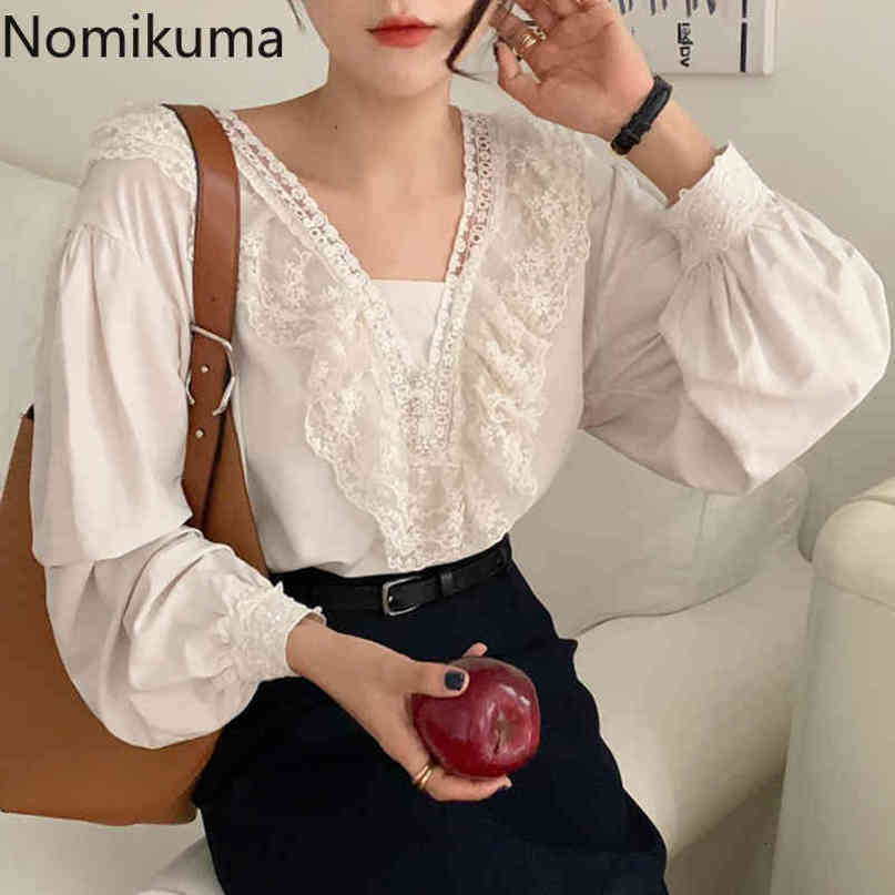 Nomikuma Korean Chic Lace Ruffle Patchwork Blouse Tops Causal Puff Long Sleeve V-neck Women Shirt Autumn Sweet Blusas 6D006 210427