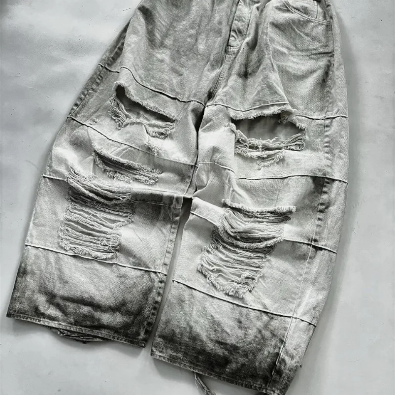 European and American vintage washed ripped jeans Men Y2k pants Street punk Harajuku couple casual oversized wide-leg pants 250118