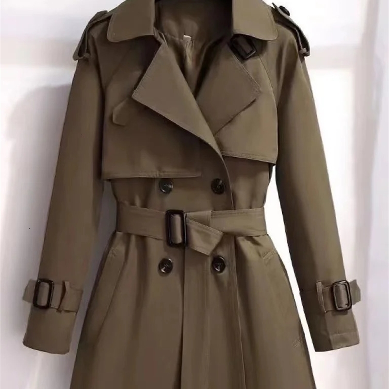 Autumn Winter Elegant Women Double Breasted Solid Trench Coat 100% Cotton Vintage Turn-Down Collar Loose Trench with Belt 240703