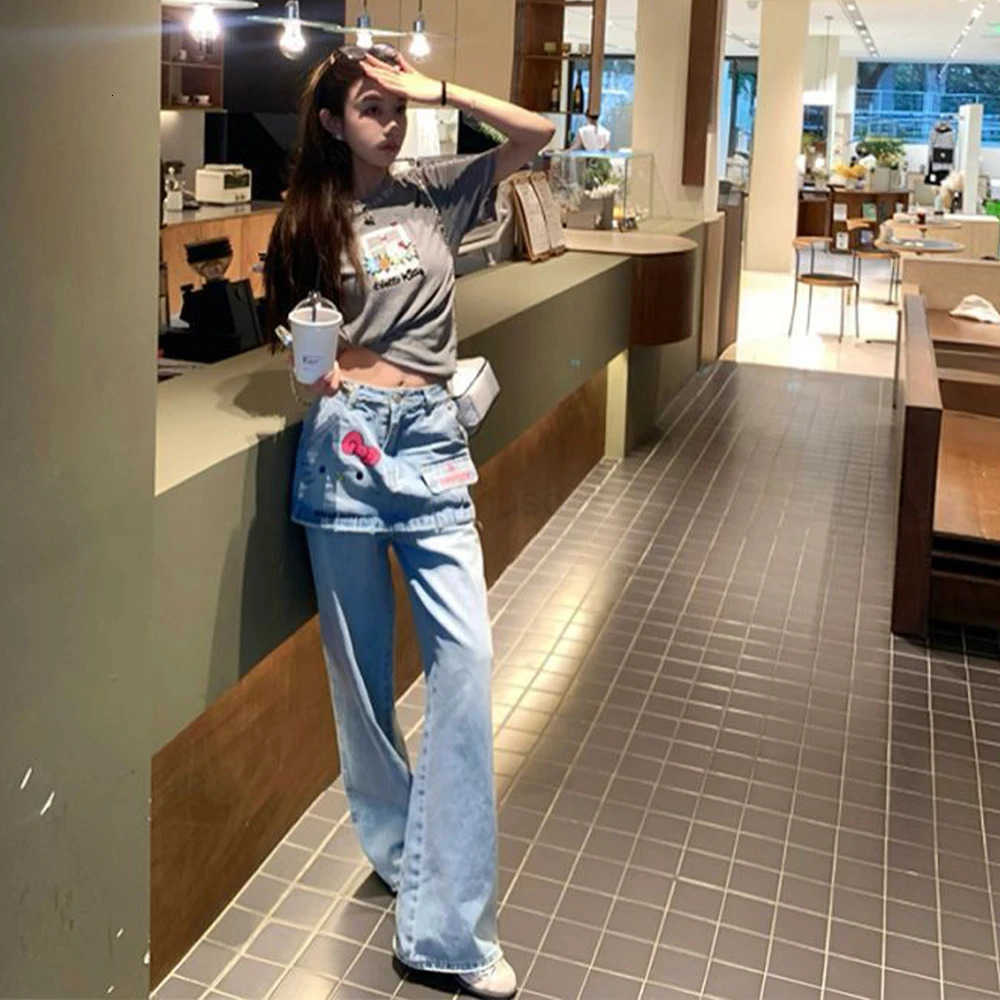 Sanrio American Print Hello Kitty Jeans Cute Female High Wais Long Pants Summer New Retro Loose Look Thinner Straight Trousers L250925