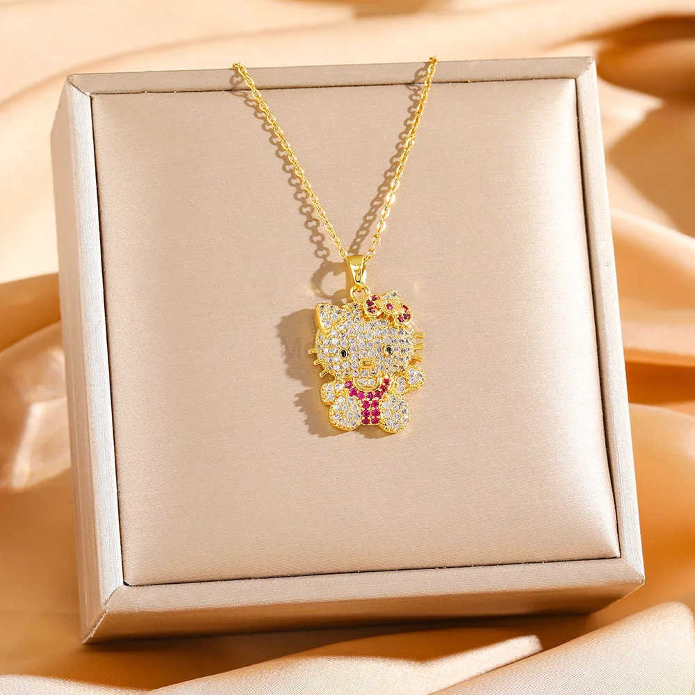 Sanrio Hip Luxury Shiny Zircon Hello Kitty Pendant Necklaces for Women Girls Sanrio Creative Stainless Steel Chain Jewelry Gifts L250925