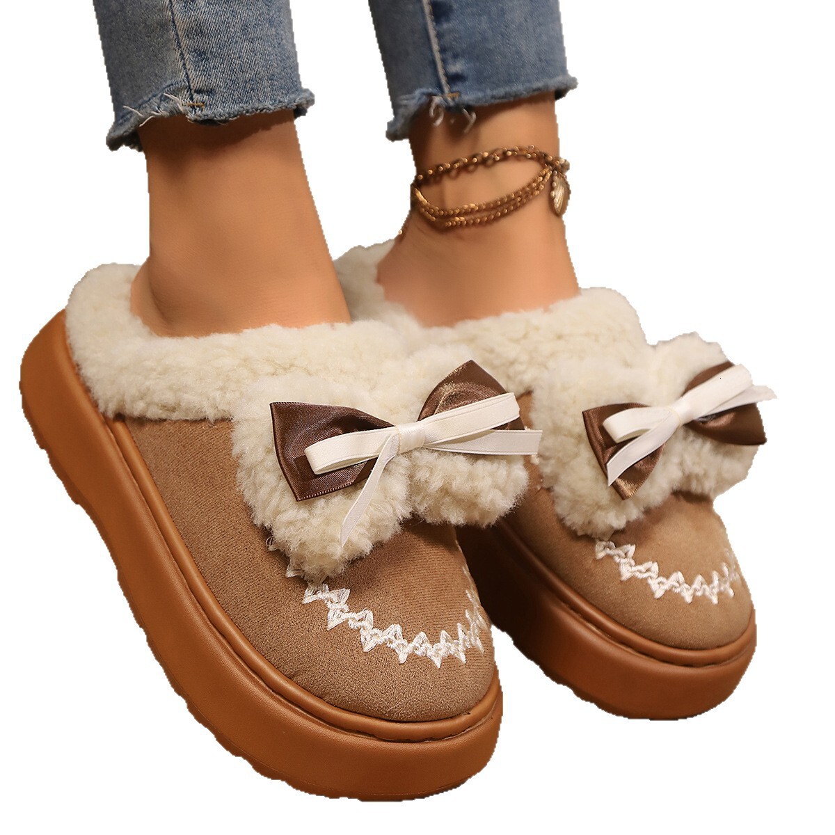 Cute Bow 2025 Autumn Winter New Plush Warm Outdoor Thick Sole Cotton Slippers for Women ddmymarket