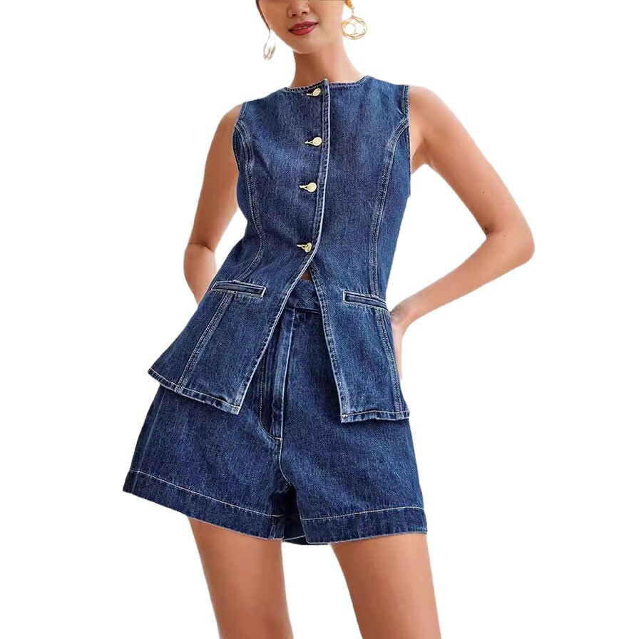 2024 Summer Fashion Casual Sleeveless High-Waisted Women's Set with Denim Shorts