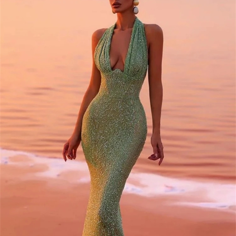 Sexy suspender deep V-neck sequined Maxi dress for women green sleeveless backless sequined extra long dress celebrity party dress 241231