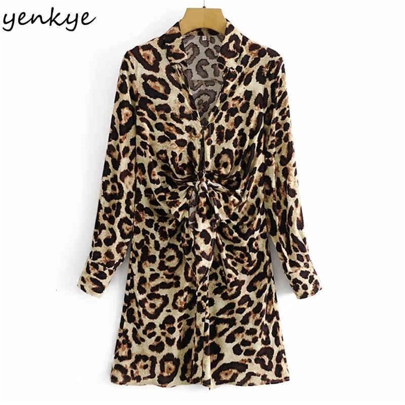 YENKYE Fashion Women Front knot Sexy Leopard Dress Female Lapel Collar Long Sleeve Casual Dress Spring Plus Size Mini Robe 210515
