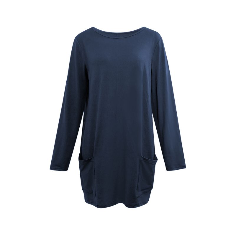 Women's Early Autumn Fashion Casual Navy Blue Long - Sleeve Top, Milk Silk Loose Mid - Length Tunic with Pockets-CF52906