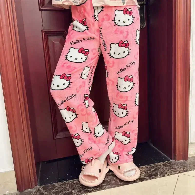 Sanrio Halloween Hello Kitty Pajama Pants Anime Fleece Double Elastic Fabric Soft Trousers Women Cartoon Birthday Gift L250925