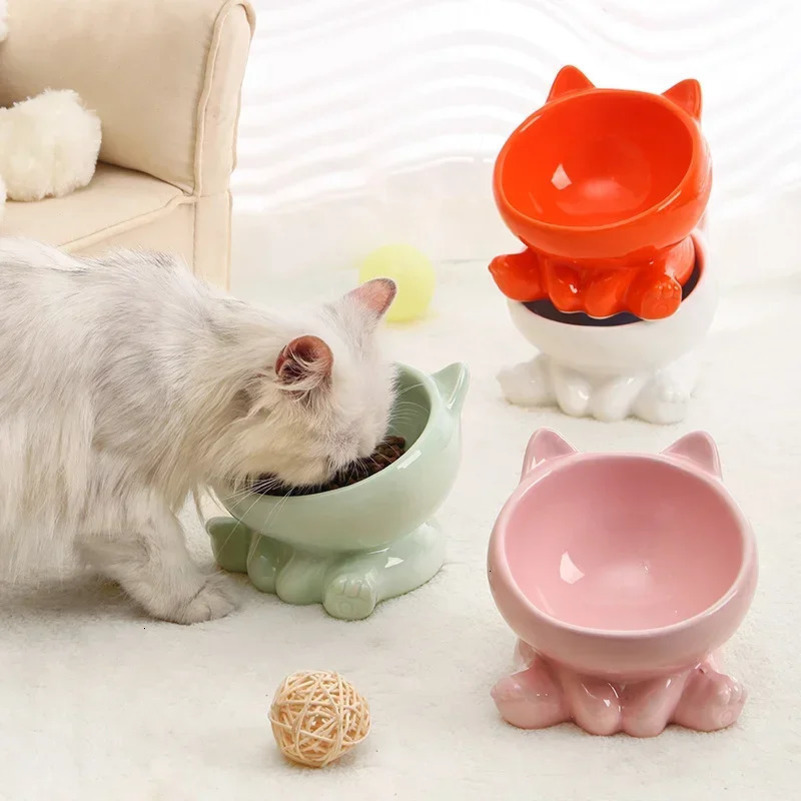 Cat Bowl Pet Accessories Ceramic Diagonal High Feet Cute Protection Ceramic Spine Dog Bowl Beverage Bowl Pet Supplies 250414