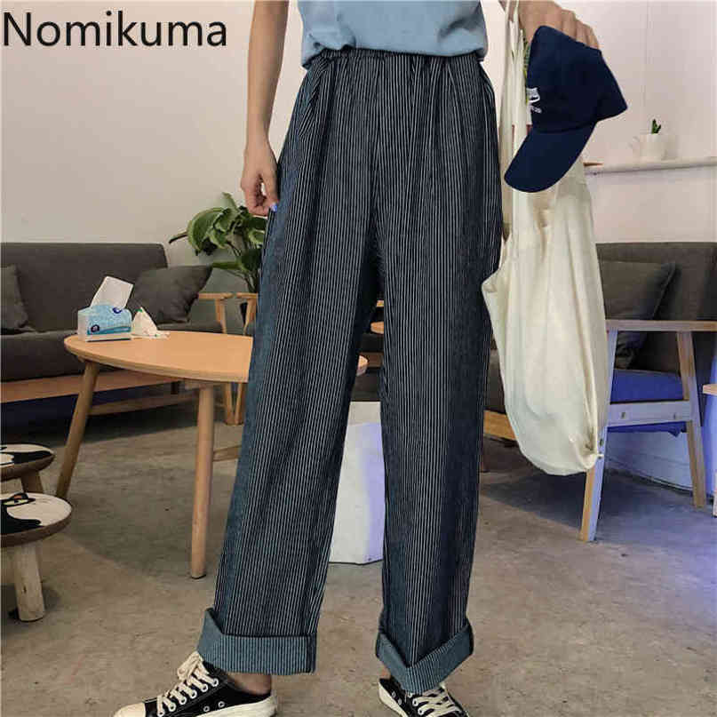 Nomikuma Vintage Striped Wide Leg Pants Korean Stretch High Waist Long Trousers Autumn New Causal Women Pants Mujer 6C742 210427