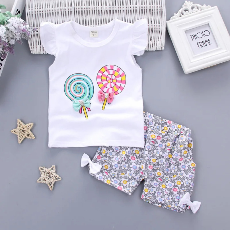1Set Summer Baby Girls Clothes Sets for Kid T-shirt TopShort Pant Clothes Set Toddler Girl Lollipop Printed Infant Clothing Set 250613