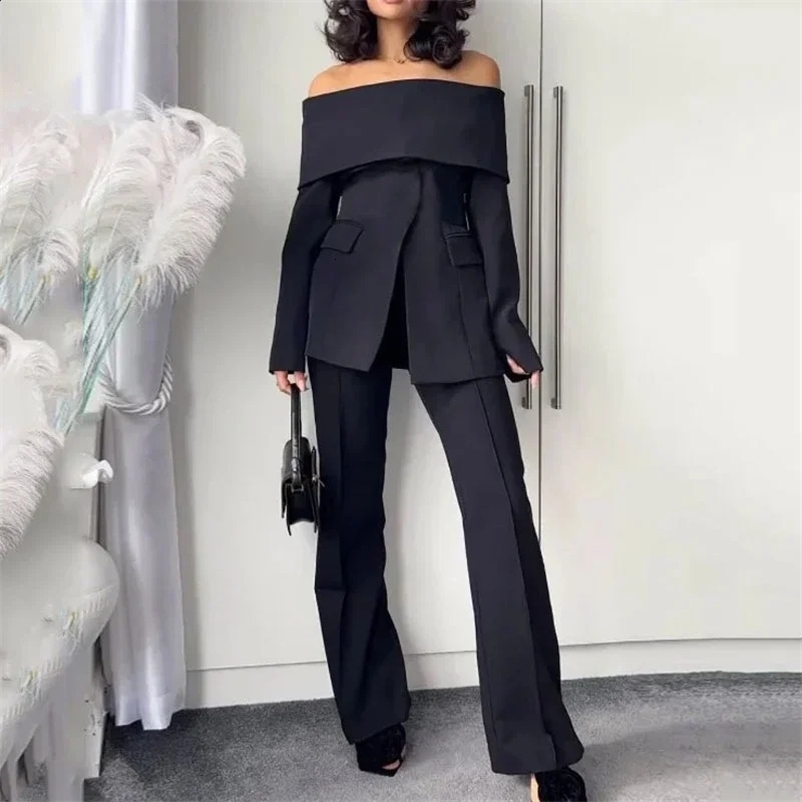 Autumn Office Womens Two Piece Set Simple Off Shoulder Long Sleeve Solid Color Suit Top Loose Pants Suit Street Wear 240809