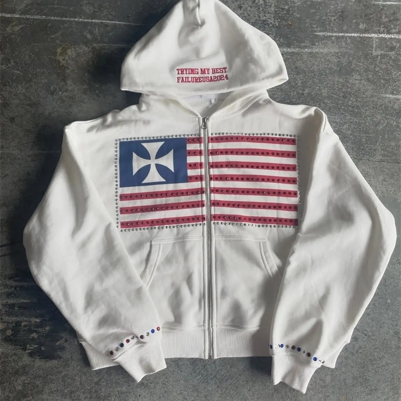 American fashion streetwear Gothic flag rhinestone embroidered zipper hoodie Y2k couple oversized loose cotton sweatshirt 250422