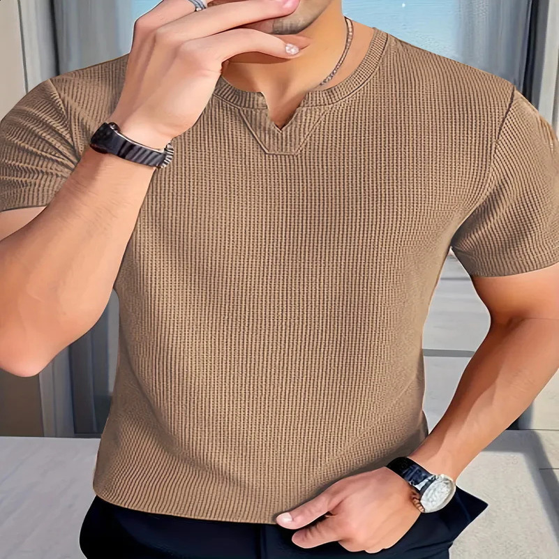 Mens casual waffle knit V-neck floral T-shirt - a must-have for summer short sleep daily leisure outings 250427