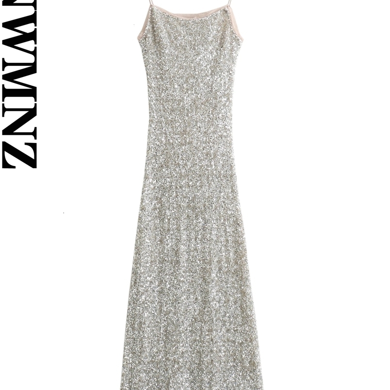 XNWMNZ Womens Fashion Sequin Slip Dress Women Party Style Thin Straps Open Back Slim Lining Female Midi Dresses 241205
