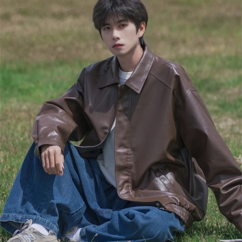 Jackets Men American Retro Y2k Pu-leather High Street All-match Fashion Hipster Overcoats Simple Harajuku Youthful Long Sleeve 240809