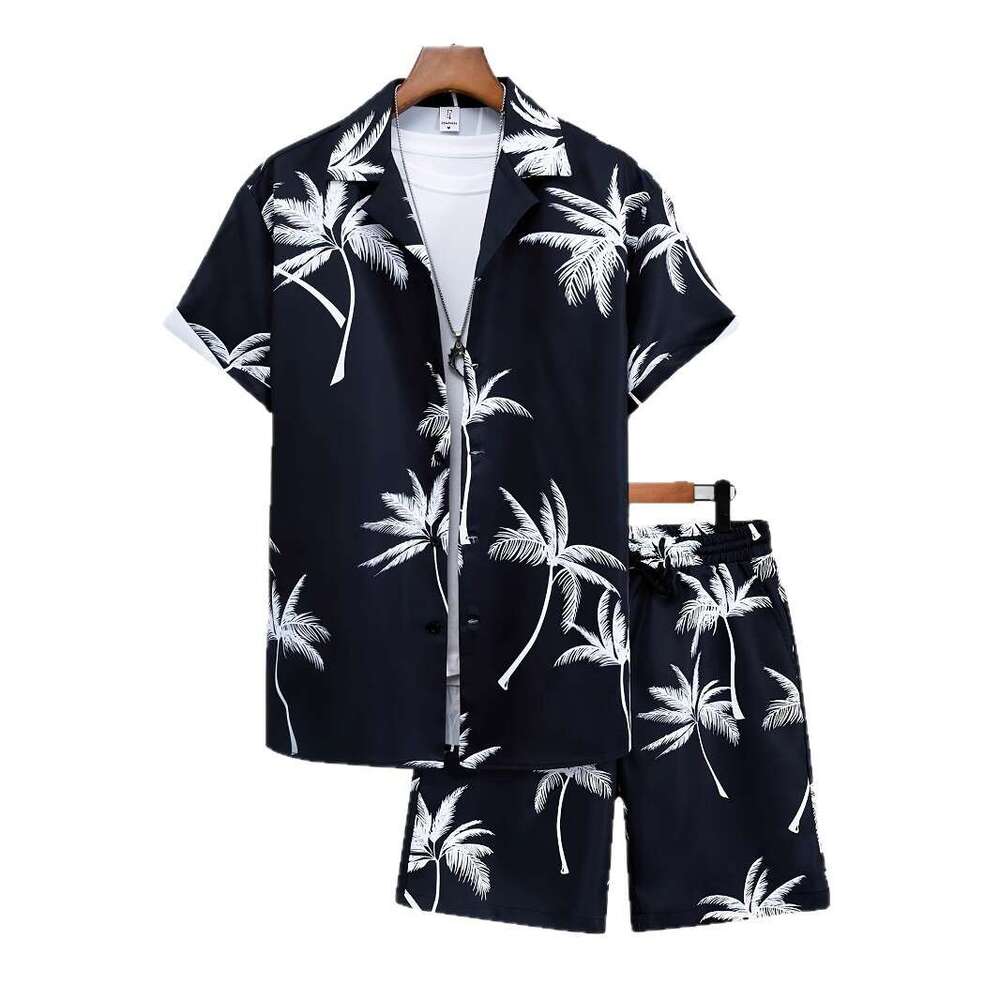 Lanjia- 2025 Casual Trendy Fashion Travel Summer Men's Cuban Collar Shirt Short Sleeve Shorts Set 0Da8f