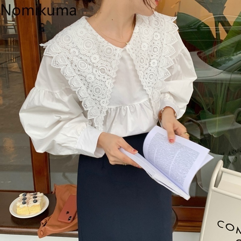 Nomikuma Korean Hook Hollow-out Turn-down Collar Blouse Causal Long Sleeve Pullover Tops New Women Blusas Shirt 6D565 210427