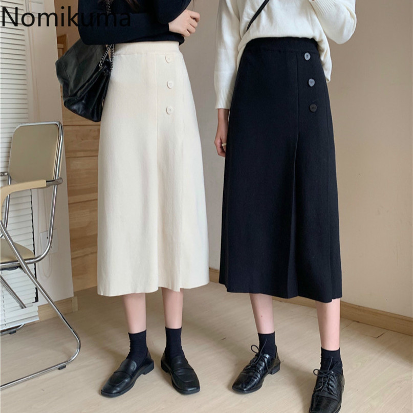 Nomikuma Autumn Winter Women Knitted Skirts Korean Buttons High Waist Causal A-line Sweater Skirt Faldas Mujer 6D412 210427