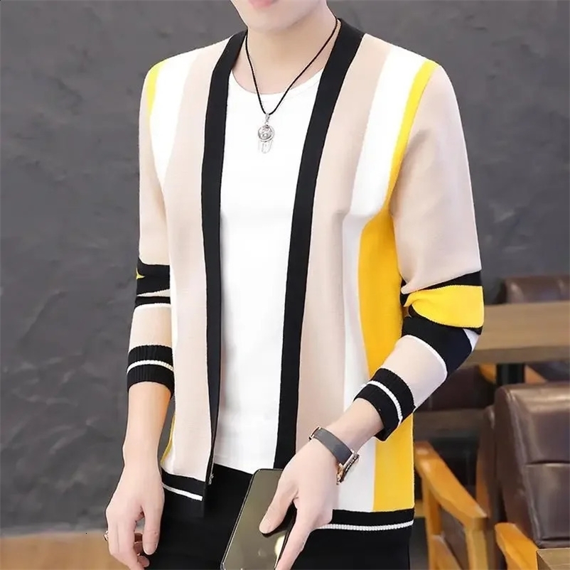 Knitted sweater mens coat cardigan mens clothing jacket striped V-neck blue plus size warm casual winter Y2k retro A X 241007