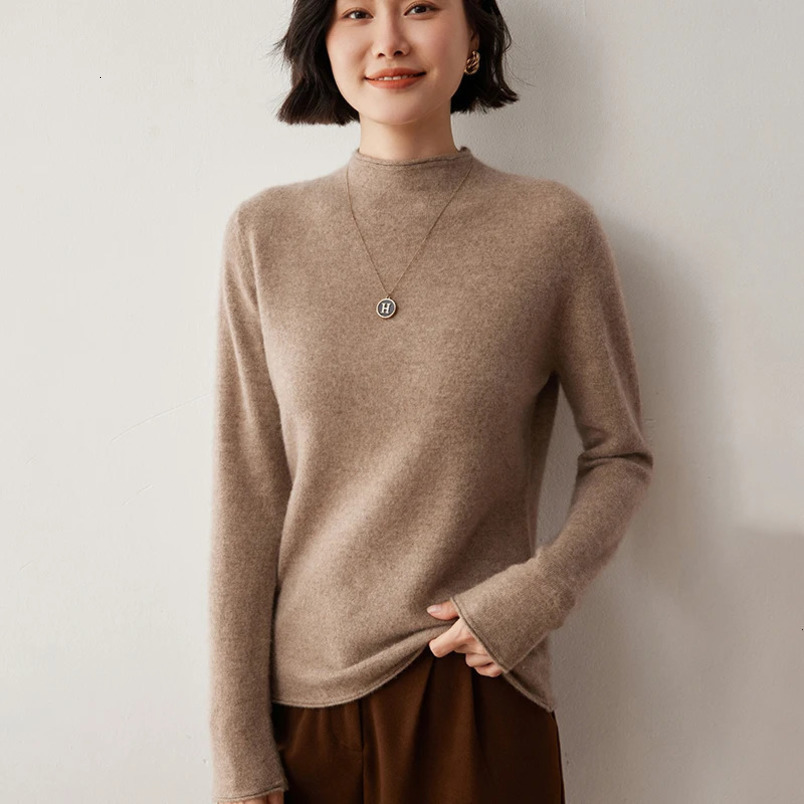 Womens rolled edge semi high neck cashmere sweater autumn and winter long sleeved solid color basic latte art skydiving knitted top 241113