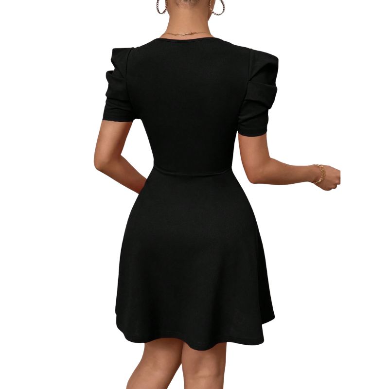 Women's Elegant Milk Silk Short Dress, Black Puff - Sleeve Waist - Cinched Dress for Party & Date-sz25144