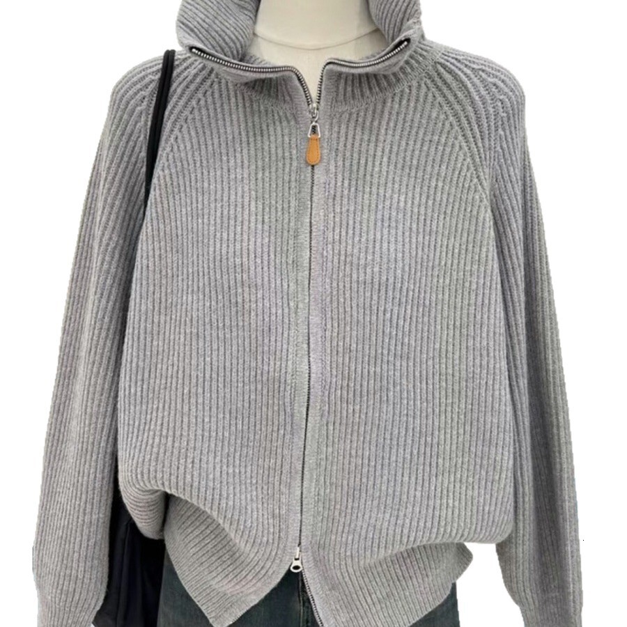 New Women's Knitted Double Zipper Jacket Thickened Lazy Cardigan for Women