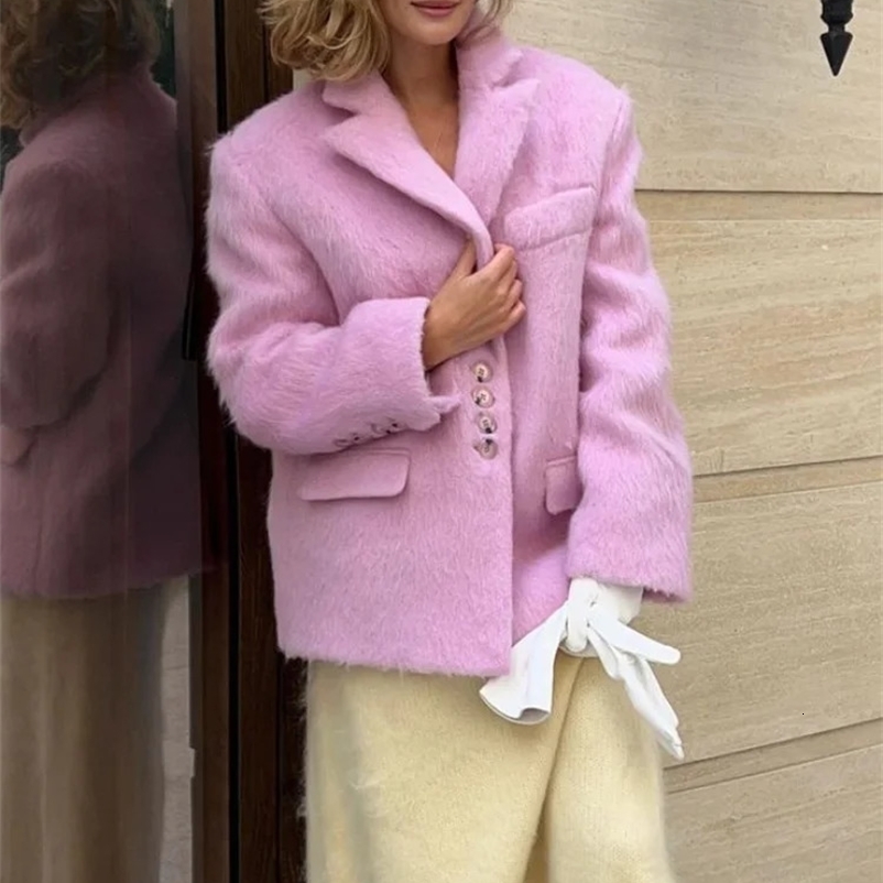 Womens elegant pink lapel pocket wool jacket fashionable single breasted loose long sleeved jacket womens sweetheart jacket 241007