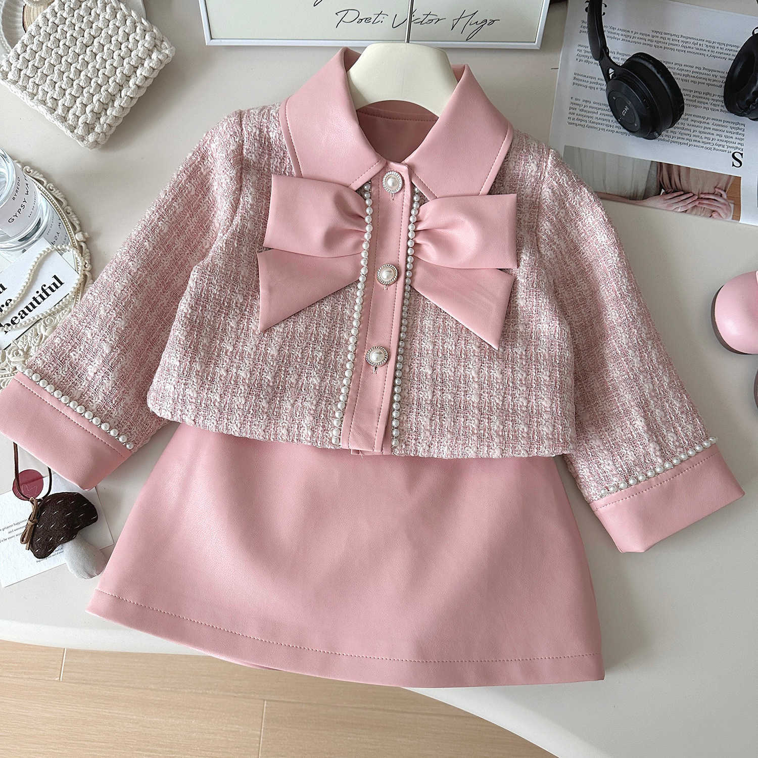 New children's dress set - autumn style - little girl's chic pink coat, short dress and skirt in French high-end two-piece set