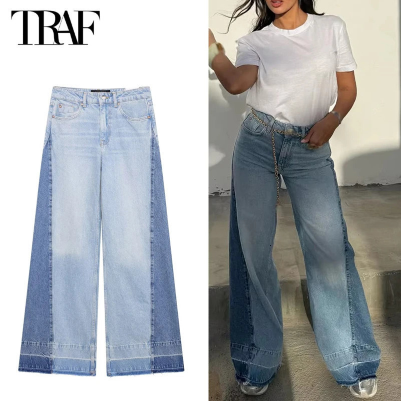 TRAF Blue Pocket Jeans Womens Wide Leg Jeans Womens High Waist Jeans Womens Casual Trouser Freight Womens Jeans 250415