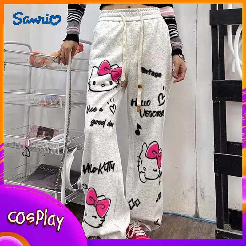 Sanrio Hellokitty Graffiti Straight Pants Cute Loose Wide Leg Pants Women Y2k Casual Sweatpants Women Summer Korean Fashion Gift L250925