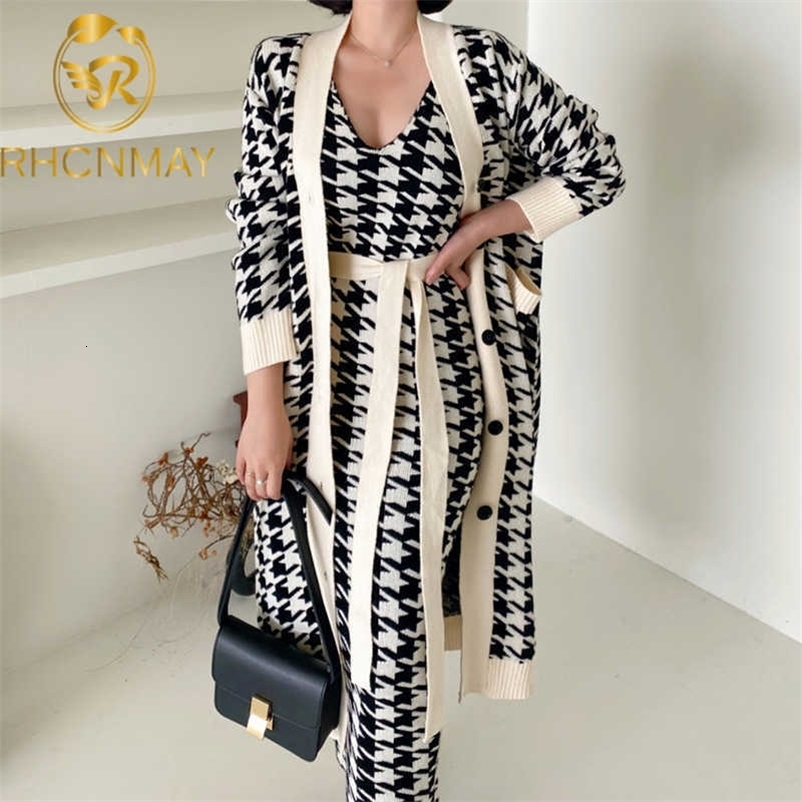 Korean Sweater Set Fashion Vintage Style V-Neck Long Knitted Sweater Coat + Houndstooth Vest Dress Female Two-Piece Suit 210708